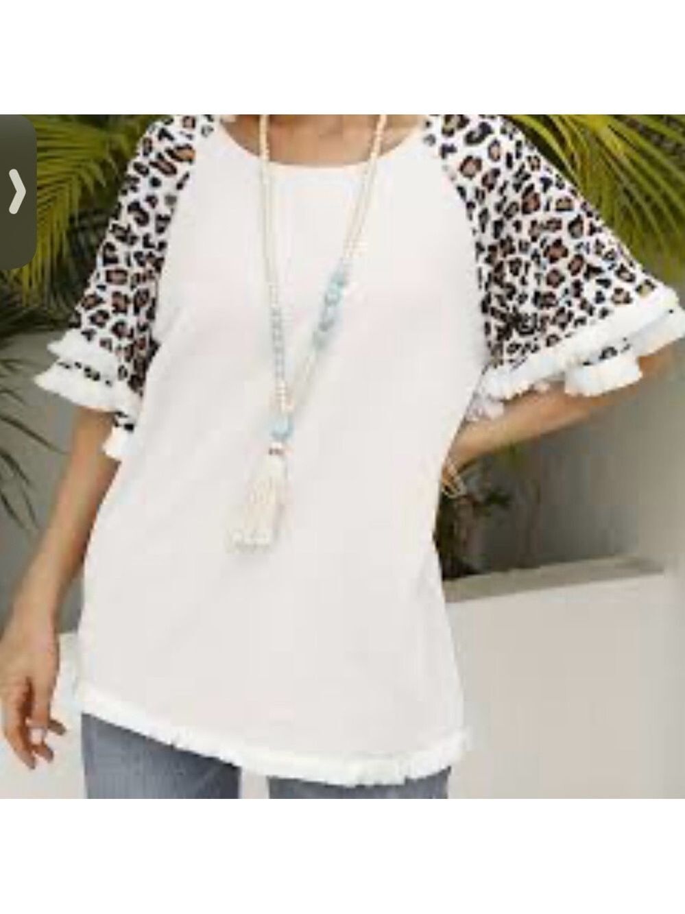 Umgee Cream and Cheetah Top with frayed 2 layer sleeves